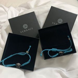VERSACE White Goldstone Medusa Head Charm & Light Blue Braided Cotton Bracelets
